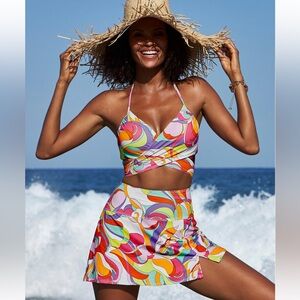 NWT 2pc Carmen Marc Valvo Sunset Waves Printed Underwire Wrap Bikini Top & Skirt